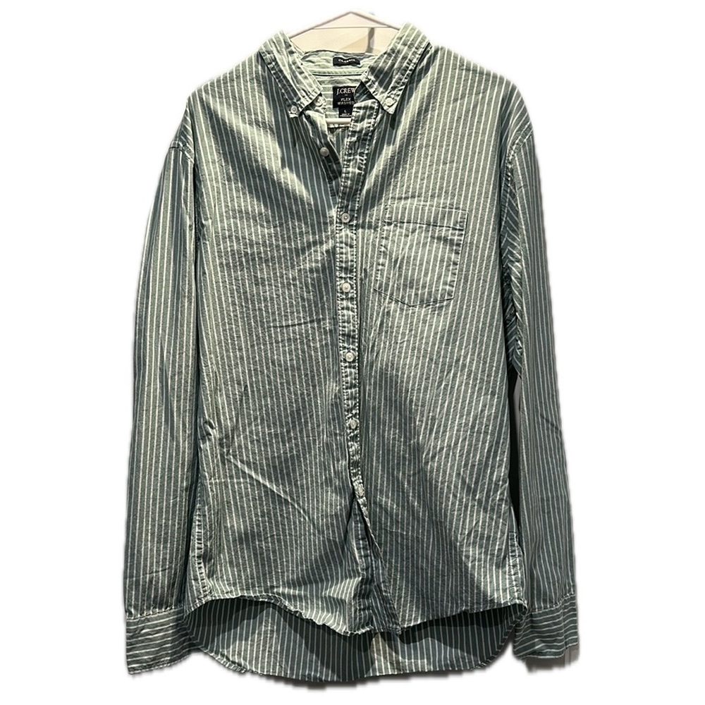 J Crew Green with White Stripes Flex Washed Classic Fit Button Down